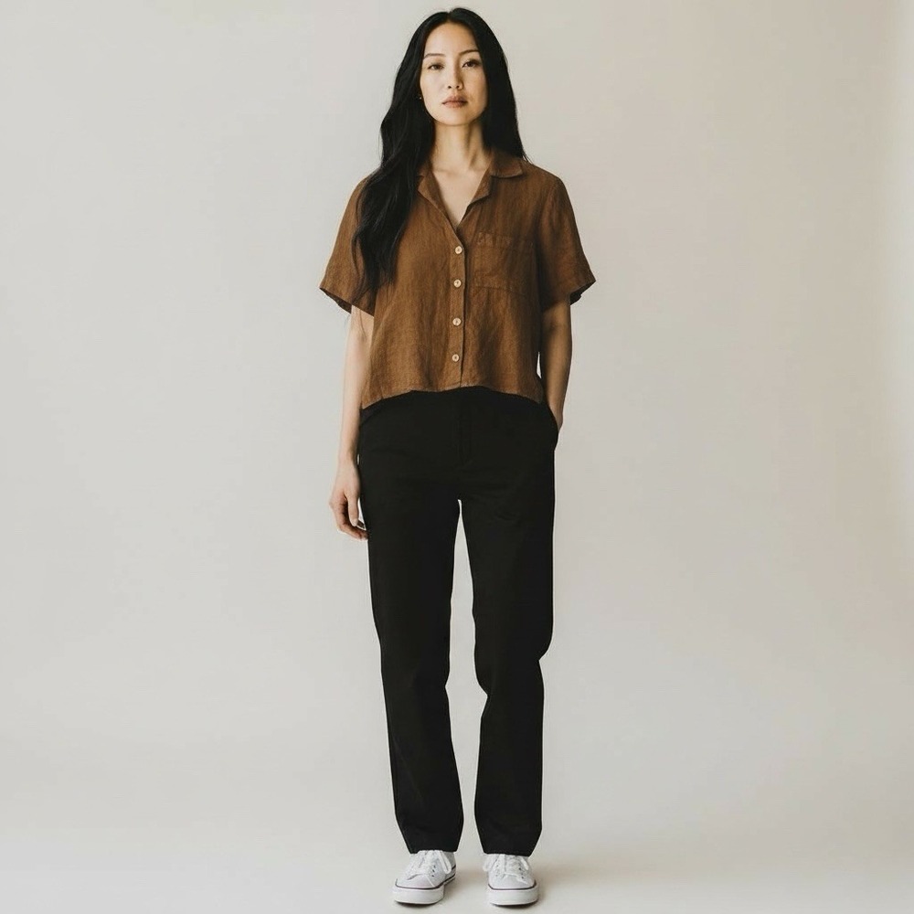 Mate The Label  Size XS Camp Shirt Sedona Brown Short Sleeve 100% Linen Blouse